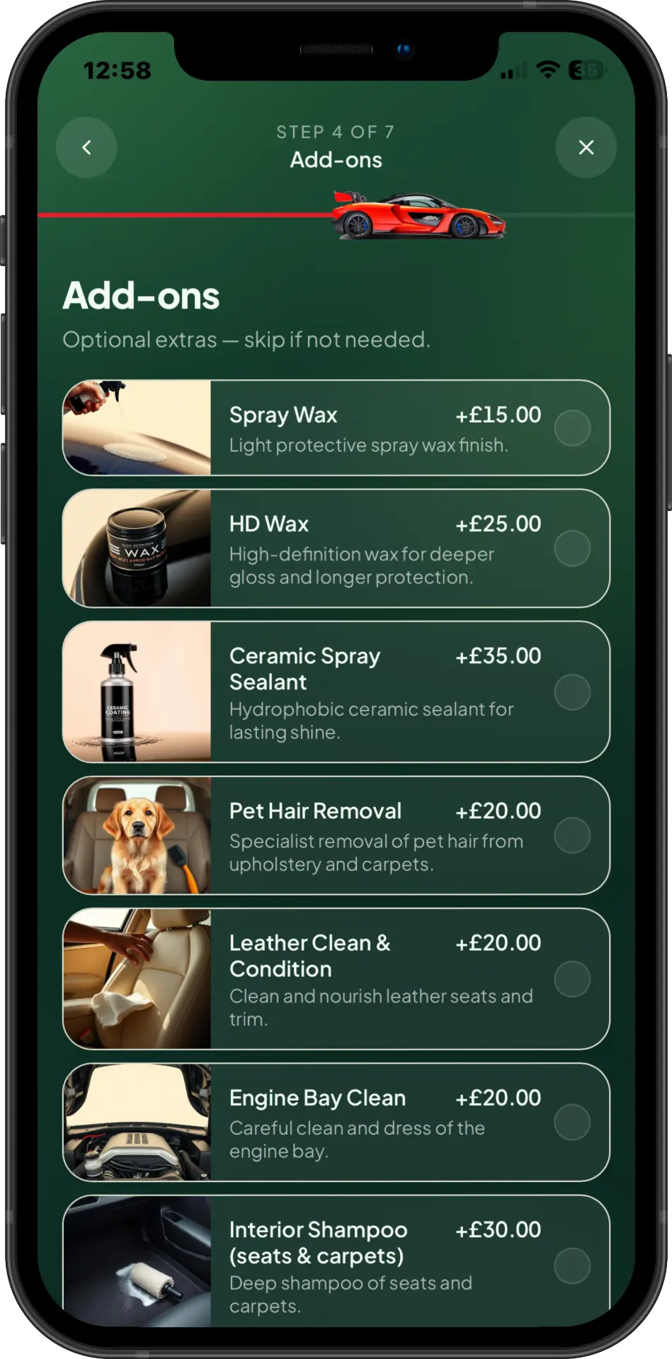 Valetly app step 3 — Add-ons