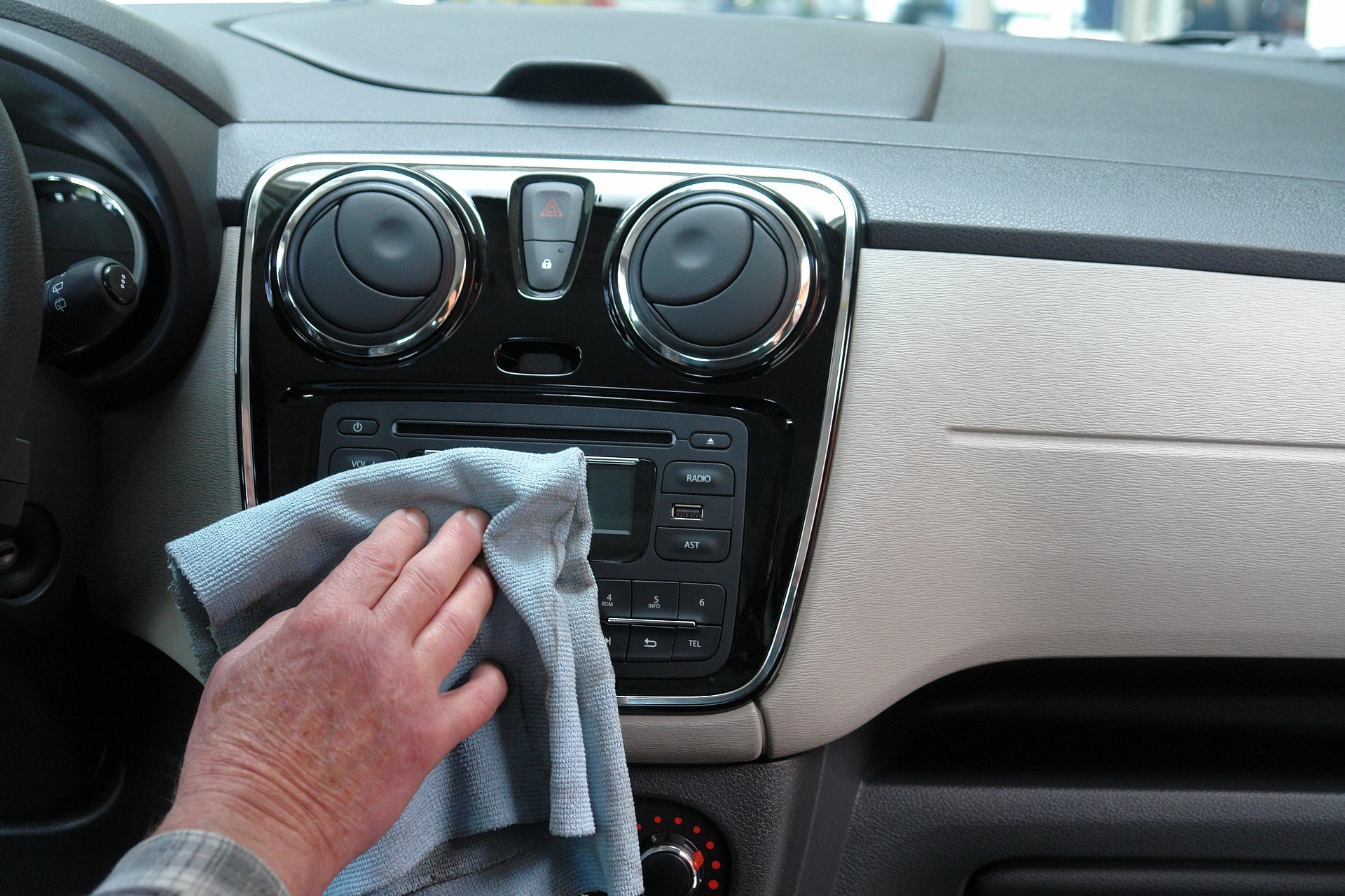 Interior detailing of a car dashboard and console