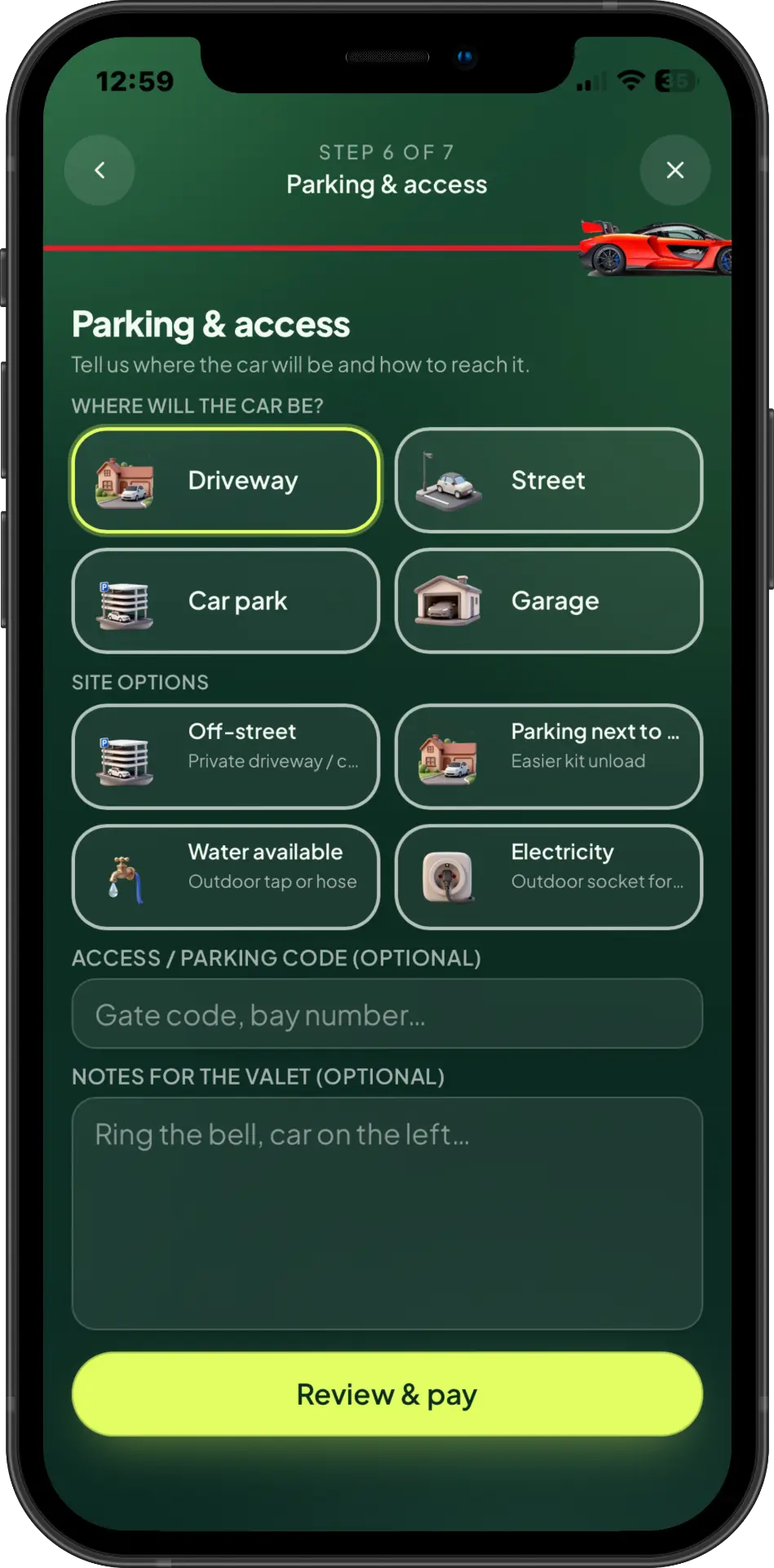 Valetly app step 5 — Parking & access