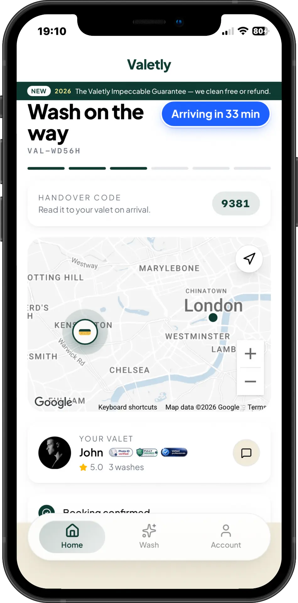 Valetly customer app — live tracking on iPhone