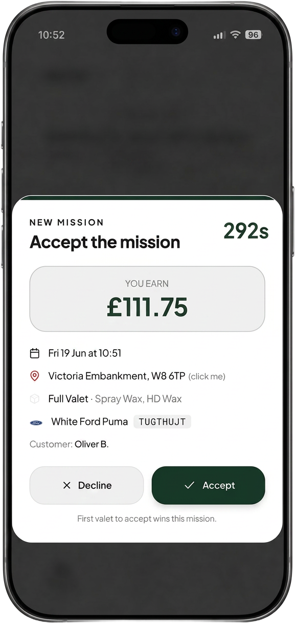 Valetly valet app — incoming mission notification on iPhone