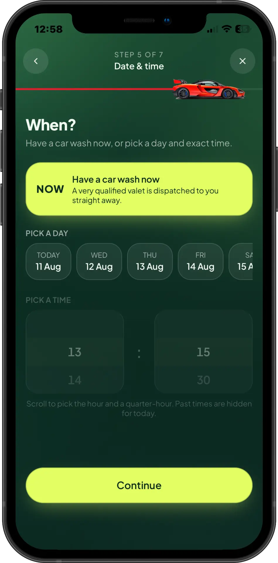 Valetly app step 4 — Now or later