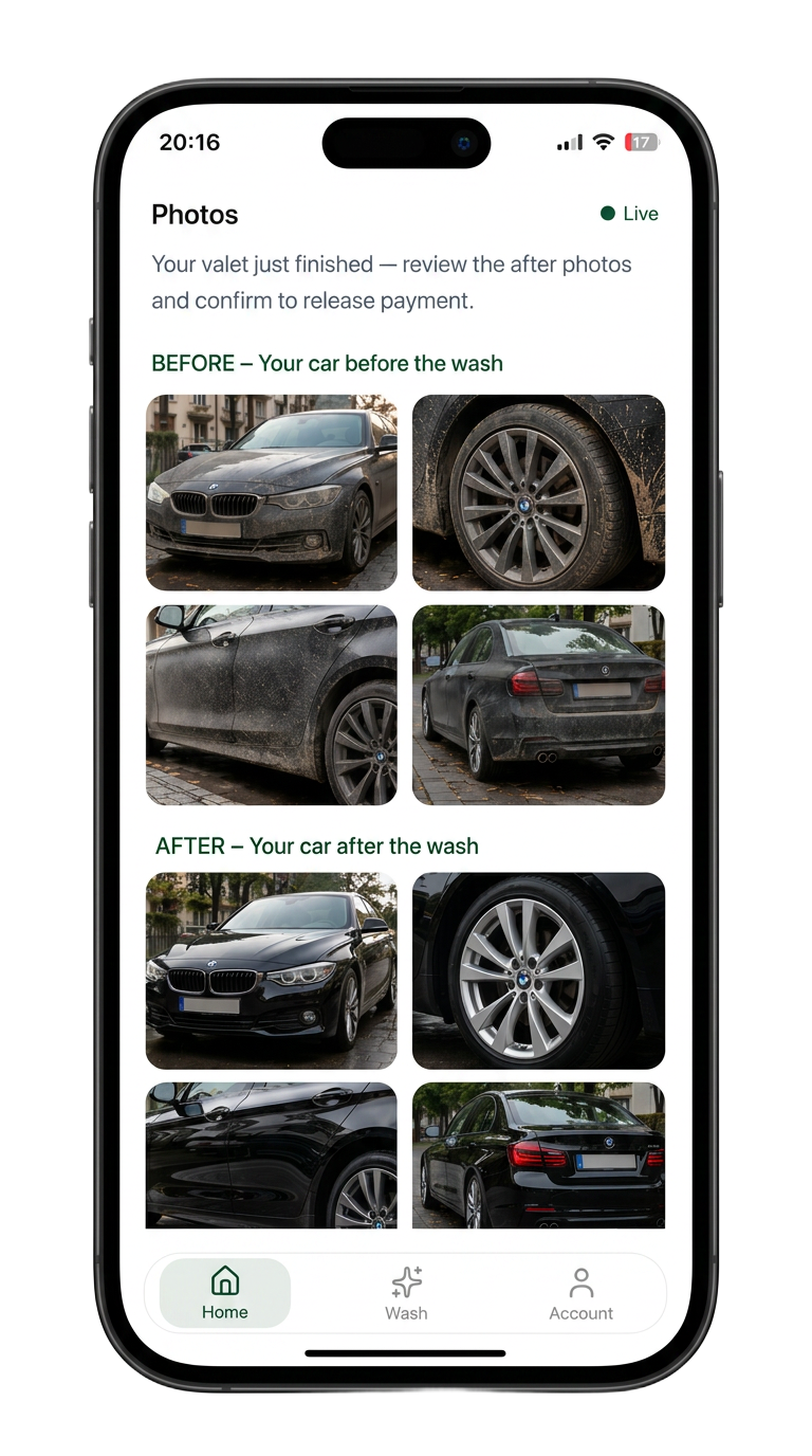 Valetly app showing before and after photos of a freshly washed car