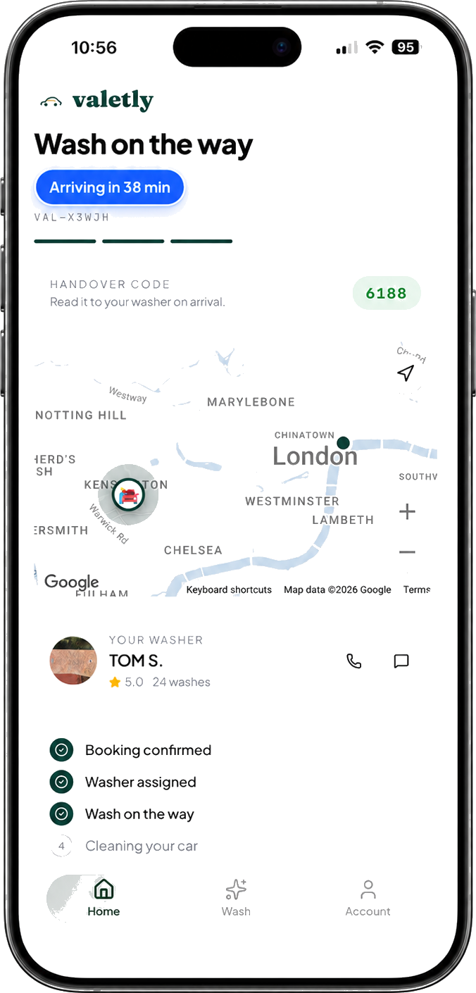 Valetly app — wash on the way, live tracking on iPhone