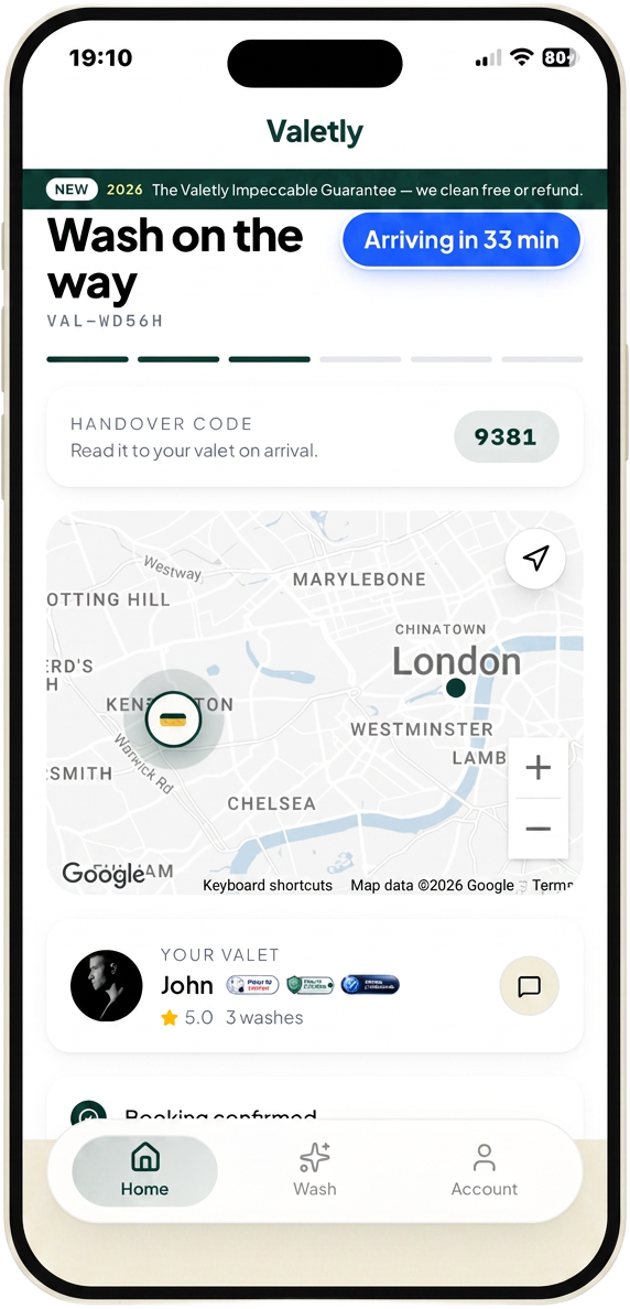 Valetly app — wash on the way, live tracking on iPhone