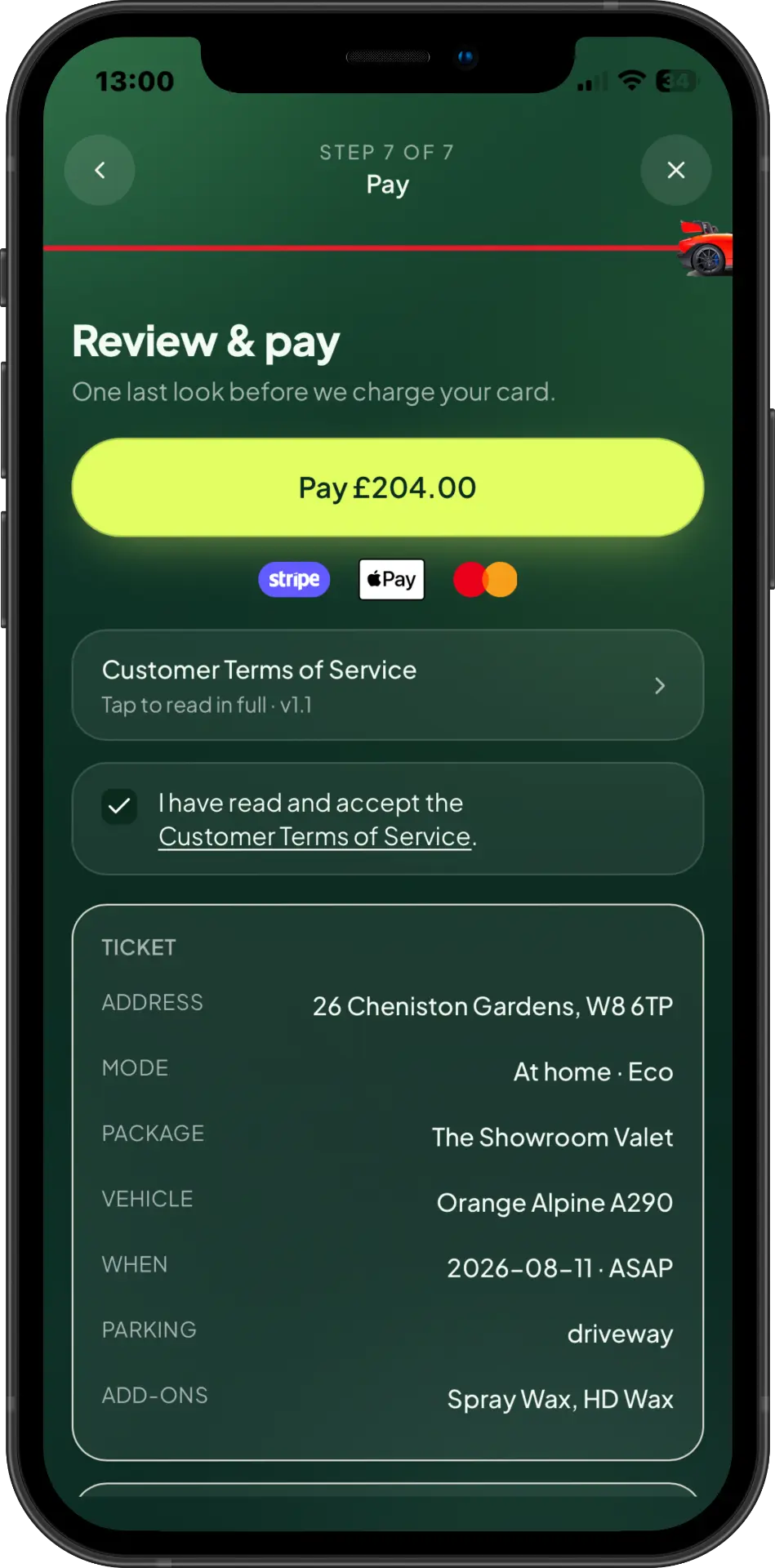 Valetly app step 6 — Review & pay