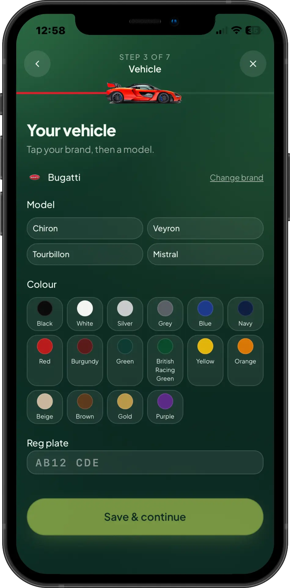 Valetly app step 2 — Model & colour