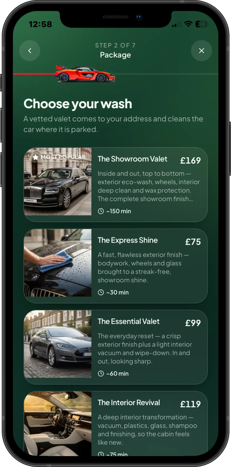 Valetly app step 1 — Choose your wash