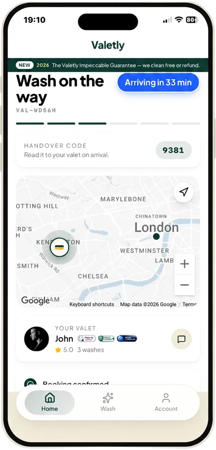 Valetly app — wash on the way, live tracking on iPhone